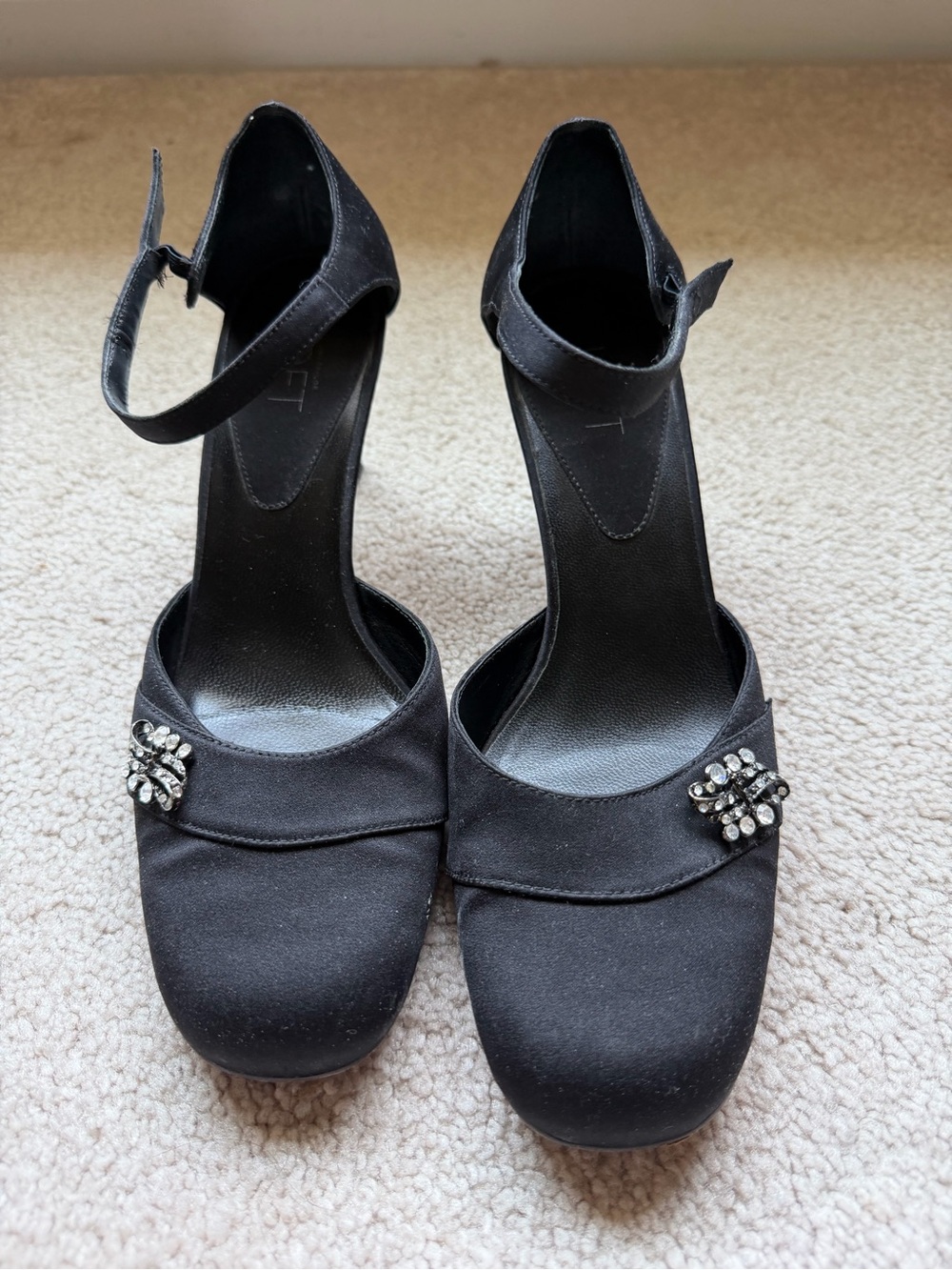 LOFT Black Ankle-Strap Heels with Rhinestone Brooch